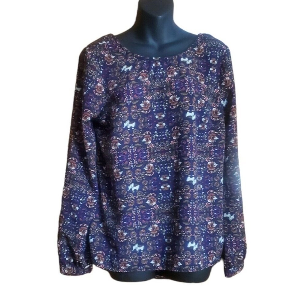 Cato Long Sleeve Floral Purple Blouse Elephants Peasant Size M